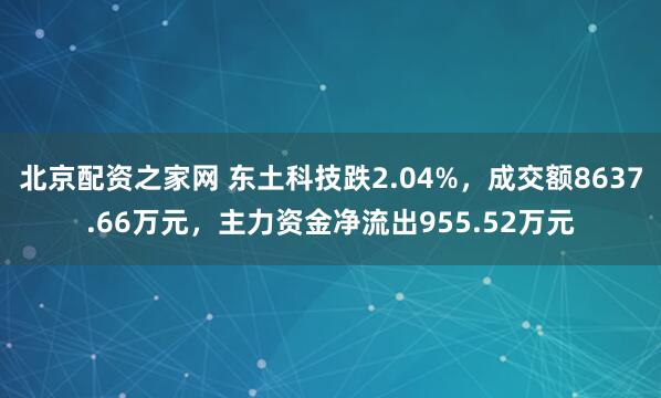 北京配资之家网 东土科技跌2.04%，成交额8637.66万元，主力资金净流出955.52万元